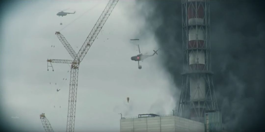 In the series, Helicopter No. 1, which is dropping sand and boron, flies too close to the reactor. The intense radiation causes its electronic components to fail—and may also expose its crew to an immediate, powerful dose—leading to the helicopter's tragic crash. | Credit: HBO